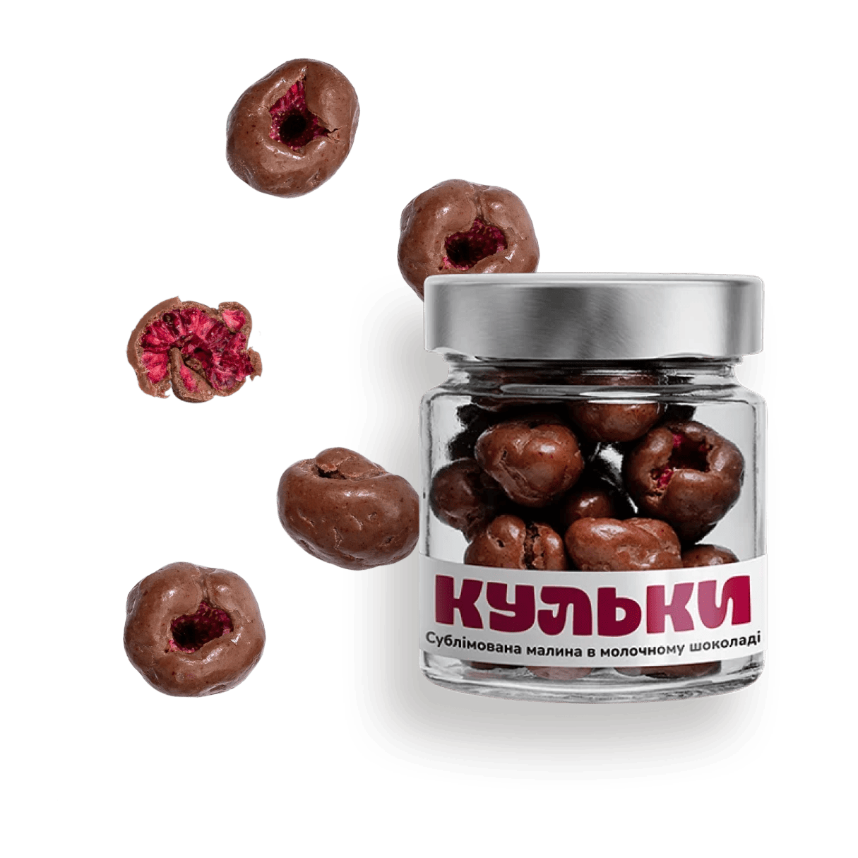 Sublimated raspberries in milk chocolate